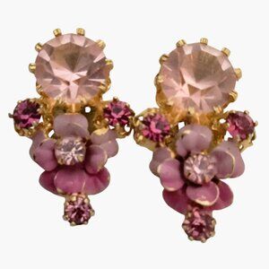 Pink Rhinestone Clip On Earrings Enamel Floral Vintage